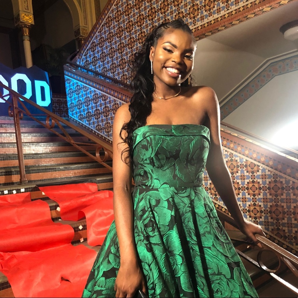 Floral Green Strapless Ball Gown Prom Dress - Picture 4 of 5